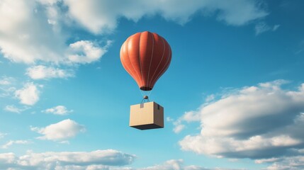 Fototapeta premium Red hot air balloon with cardboard box in blue sky, adventure and delivery concept