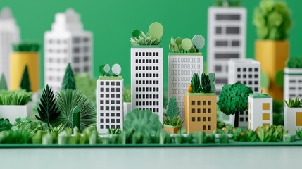 Urban Craft Cityscape with Rooftop Gardens and Lush Greenery in Miniature Style
