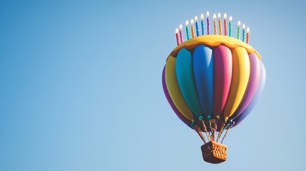 Obraz premium Colorful hot air balloon with candles against clear blue sky, whimsical celebration concept