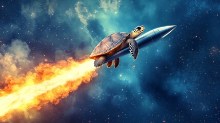 Turtle riding a rocket through space with fiery trail, whimsical and adventurous concept