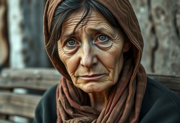 A worn-out woman with tired eyes sitting on a wooden bench