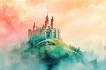Majestic castle atop a green hill surrounded by colorful sky in a serene watercolor illustration. Generative AI