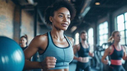 Fototapeta premium A fit young black woman exercising in a gym, with a group workout session happening in the background. Close-up of an active lifestyle, fitness motivation, and health-conscious habits