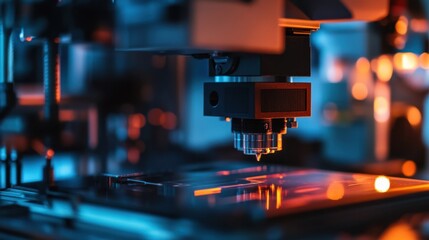 Close up of a high tech laboratory machine, showcasing precision engineering and advanced technology in scientific research. The equipment is illuminated by warm and cool lighting