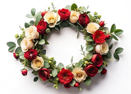 Vintage Floral Wreath - Red Beige Roses, Eringium, Eucalyptus
