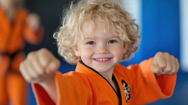 Little Champion: A young martial arts student, with blonde curls and a confident grin, demonstrates their stance in a vibrant orange gi, radiating focus and determination.