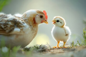 Obraz premium Baby chick standing next to its mother, chirping happily
