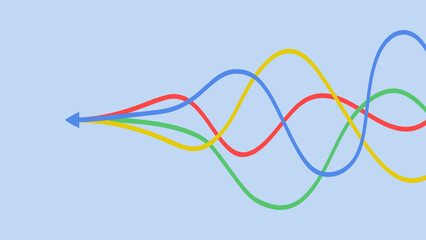 Four wavy lines in red, blue, yellow, and green merge into a single left-pointing arrow on a blue background, symbolizing unification © MAHIJO