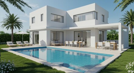 A luxurious modern villa with crisp white walls and an expansive glass facade