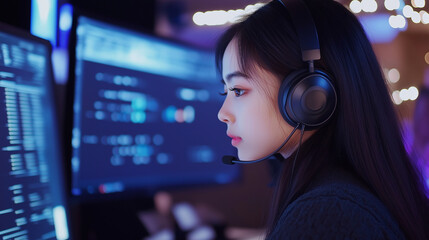 A young female software developer with headphones on, intensely focused on debugging code on multiple ultrawide screens displaying futuristic data visualizations and AI algorithms.