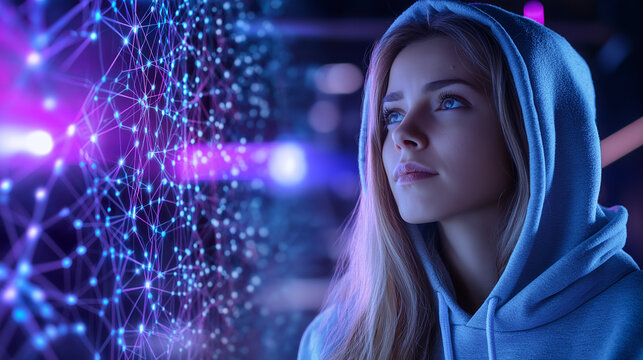 A highly skilled female AI engineer wearing a hoodie, analyzing neural network visualizations and debugging machine learning algorithms in a dark, neon-lit workspace.