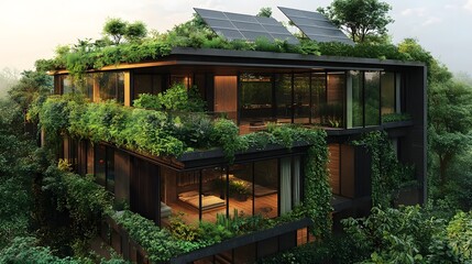 Eco Friendly Modern Green Building with Sustainable Rooftop Garden and Renewable Energy Technologies