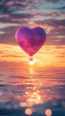Fototapeta premium Heart-shaped hot air balloon over ocean at sunset, romantic adventure and dreams concept