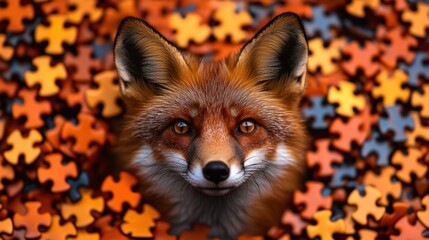 Obraz premium Mystical Fox Surrounded by Fiery Puzzle Pieces in Vibrant Autumn Tones
