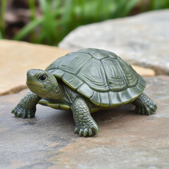 Obraz premium realistic green turtle figurine resting on stone surface, showcasing intricate details and textures. This charming piece adds touch of nature to any decor