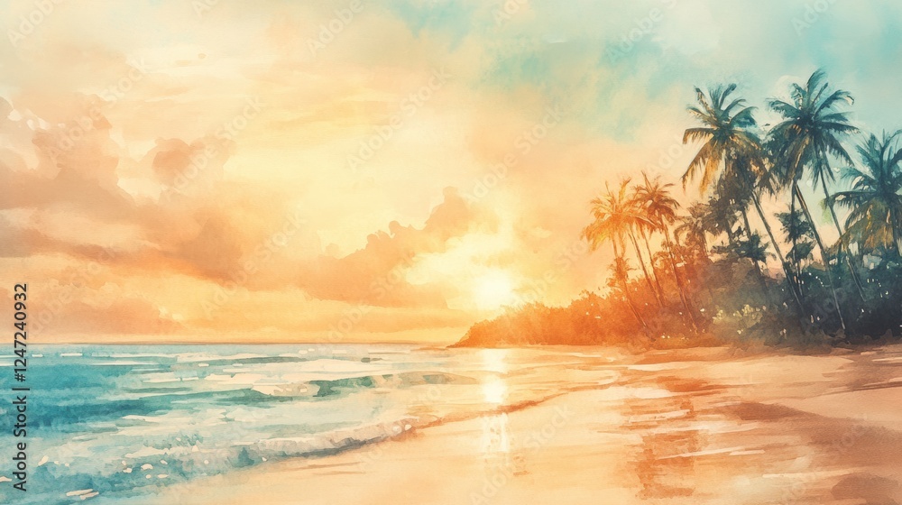 Poster serene sunset over a tropical beach with palm trees and gentle waves in watercolor style. generative