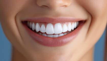 Fototapeta premium Close-up of a beautiful woman's smiling mouth with white teeth, against a blue background