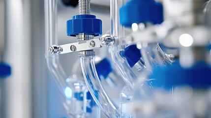 Close up of intricate laboratory equipment featuring transparent tubing and blue valves, highlighting precision in scientific research and technology applications