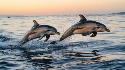 Fototapeta premium Dolphins leaping from the water at sunset