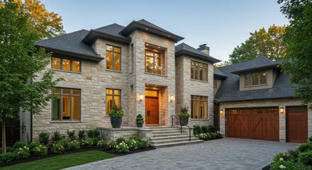 A grand modern house with a stone clad facade and a multi level roof design