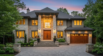 Obraz premium A grand modern house with a stone clad facade and a multi level roof design