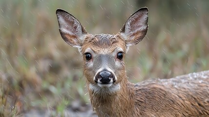 Fototapeta premium Wet deer in rain, forest background, wildlife, nature photography