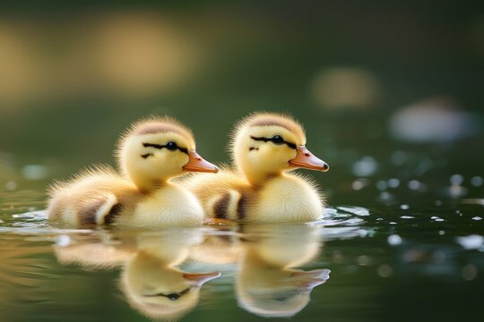 Ducklings swimming together in a peaceful pond - Powered by Adobe