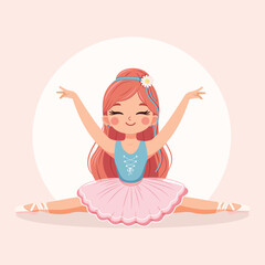 Pretty and gentle ballerina girl in pink and blue dress doing the splits. Poster, Banner, Flyer, Greeting Card. Vector illustration in flat cartoon style