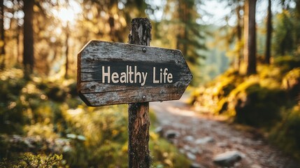 Forest path signpost, healthy life, sunlight, wellness