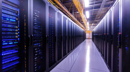 Data center corridor with rows of server racks illuminated by colorful LEDs and overhead lighting in a modern facility