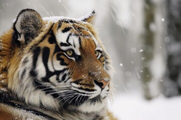 Obraz premium Majestic tiger portrait in snowy forest setting showcasing striking features