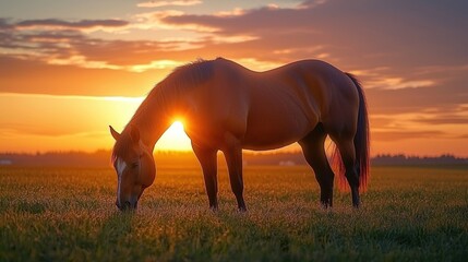 Horse grazing peacefully in a field at sunset