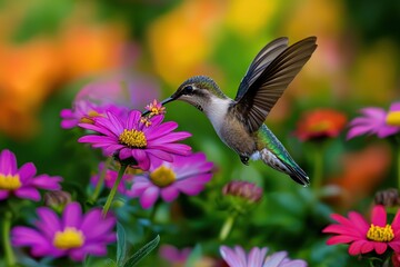 Fototapeta premium Hummingbird feeding from a vibrant flower in the garden
