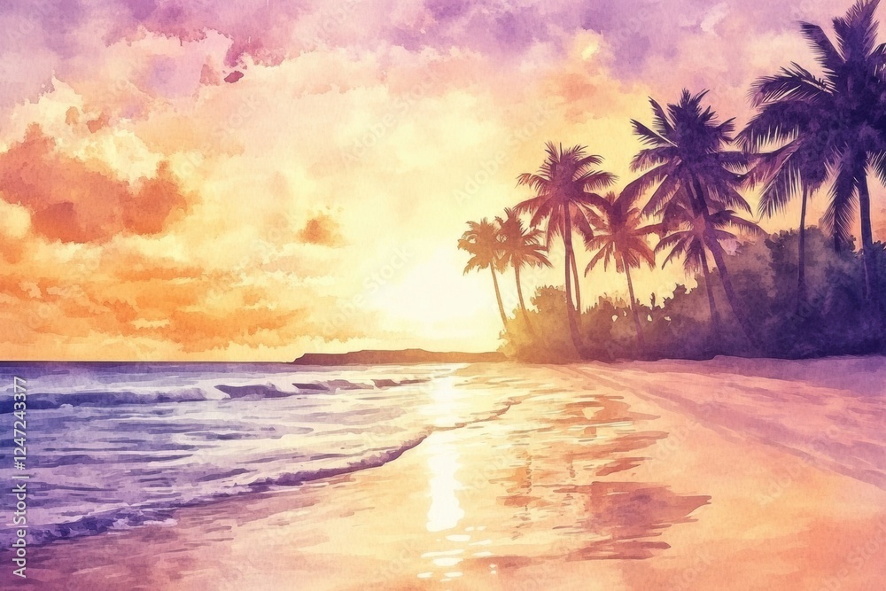 Aufkleber Sunset over a tranquil beach with palm trees and gentle waves reflecting warm colors in a watercolor illustration. Generative AI