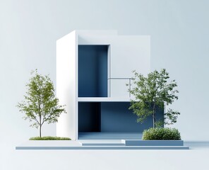 3D rendering of a modern house with two cube shapes, front view, blue and white color theme,...