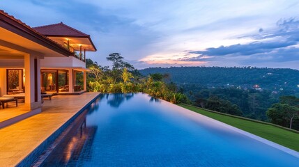 Serene luxury villa with infinity pool overlooking lush hills at sunset, ideal for relaxation