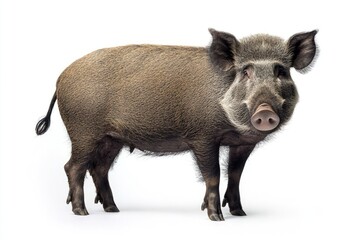 Large wild boar standing alert in a relaxed pose, isolated on a white background.