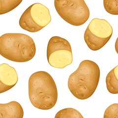 Raw potato whole and cut in half. Seamless pattern. Vector cartoon flat illustration. Root vegetables background