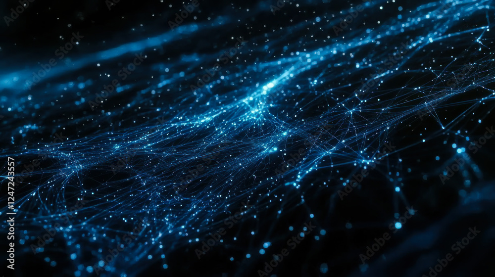 Aufkleber Digital blue abstract background with glowing lines and particles creating a wave-like pattern in a vast dark space