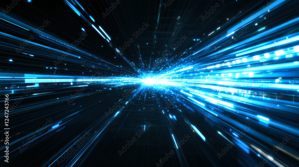 Aufkleber Digital blue abstract background with glowing lines and particles creating a wave-like pattern in a vast dark space