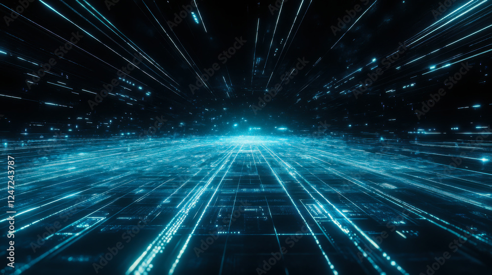 Aufkleber Digital circuit design with glowing blue lines creating an intricate pattern in a technological environment