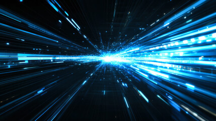 Digital blue abstract background with glowing lines and particles creating a wave-like pattern in a vast dark space