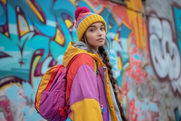 Fototapeta premium Teen girl in colorful jacket with backpack, urban graffiti wall backdrop, vibrant streetwear fashion, casual outdoor portrait, artistic and modern vibe, youth culture, bold and creative.