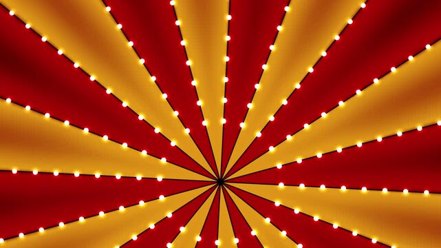 Circus animated rotation looped background of red and gold lines stripe with star constellations light bulbs tinsel. Retro motion graphic sun beam ray. Fun fair burst.