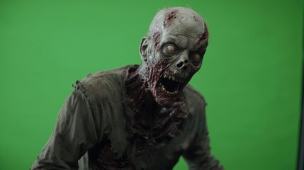 A hideous zombie with decomposing flesh and hollow eyes growls menacingly, its mouth open in an unnatural snarl, against a green screen.