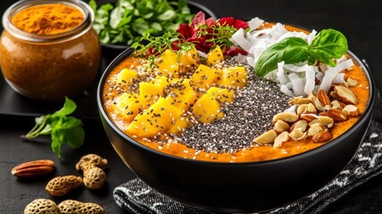 Keto snack organic gluten-free concept. A vibrant bowl of nutritious food topped with fruits, nuts, and seeds, surrounded by fresh herbs and spices, showcasing a healthy culinary delight.