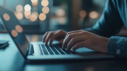 Professional man with dark hair typing on a laptop generative ai