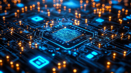 Obraz premium Circuit board with illuminated chips and interconnected pathways showcasing technology at night