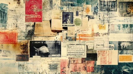 Assorted vintage stamps and ephemera arranged in an abstract collage