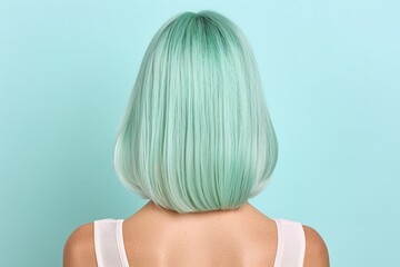 Obraz premium Mint green bob hairstyle back view, minimalist teal background, trendy colorful haircut, elegant chic style, youthful beauty, creative glowing look, vibrant tones, hair inspiration